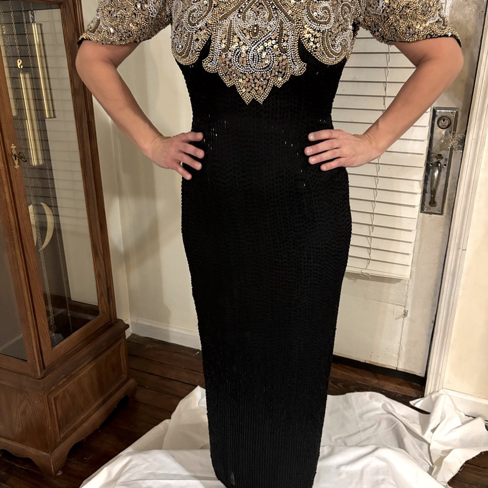 Beautiful black beaded formal dress with Gold/White Embellishments-size 10